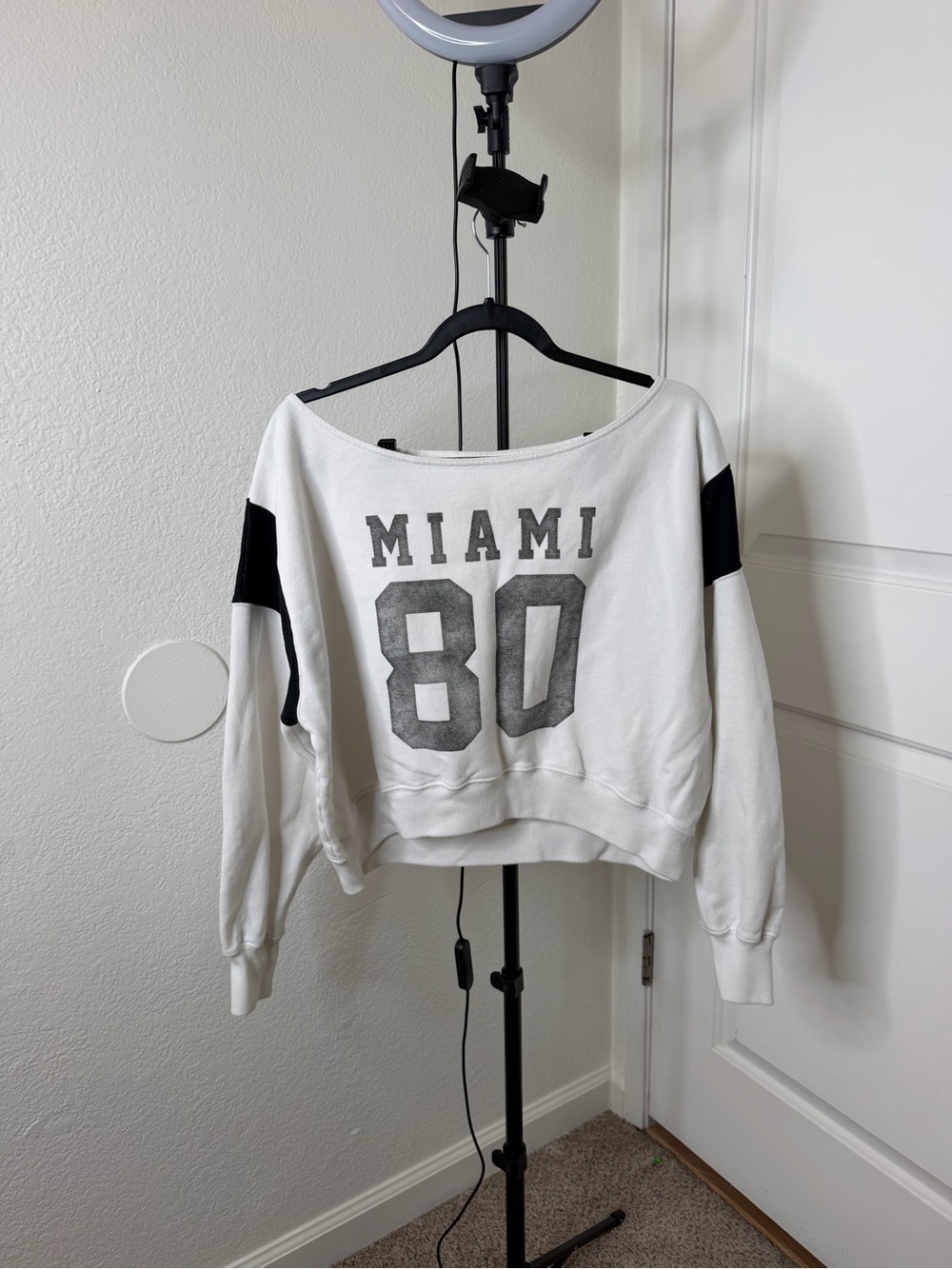 Hollister White Scoop-Neck 'MIAMI 80' Pullover with Black Sleeve Panels